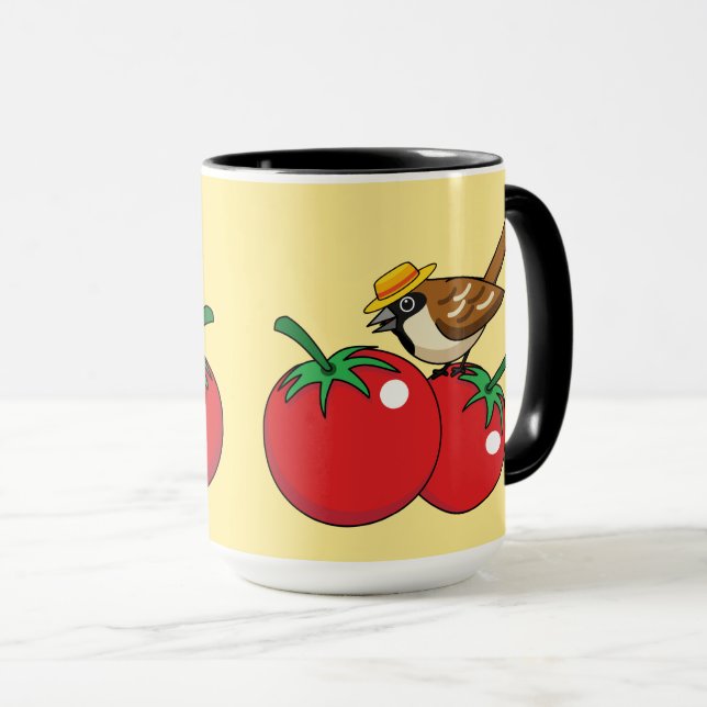Organic Lover Sparrow Eating Red Tomato Mug (Front Right)