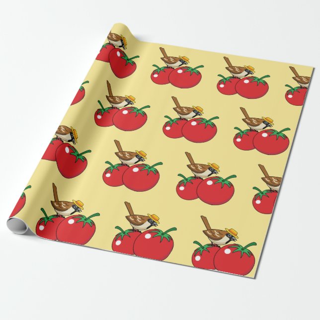 Organic Lover Sparrow Eating Red Tomato Wrapping Paper (Unrolled)