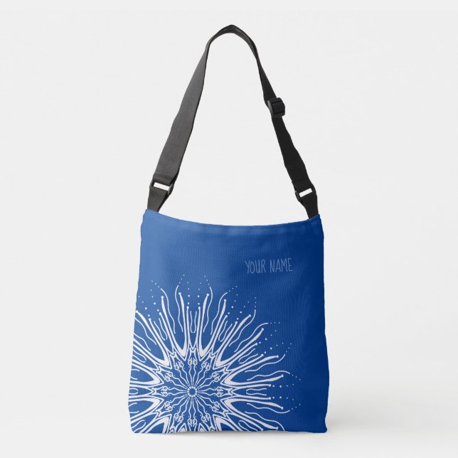 Organic mandala on blue crossbody bag (Front)