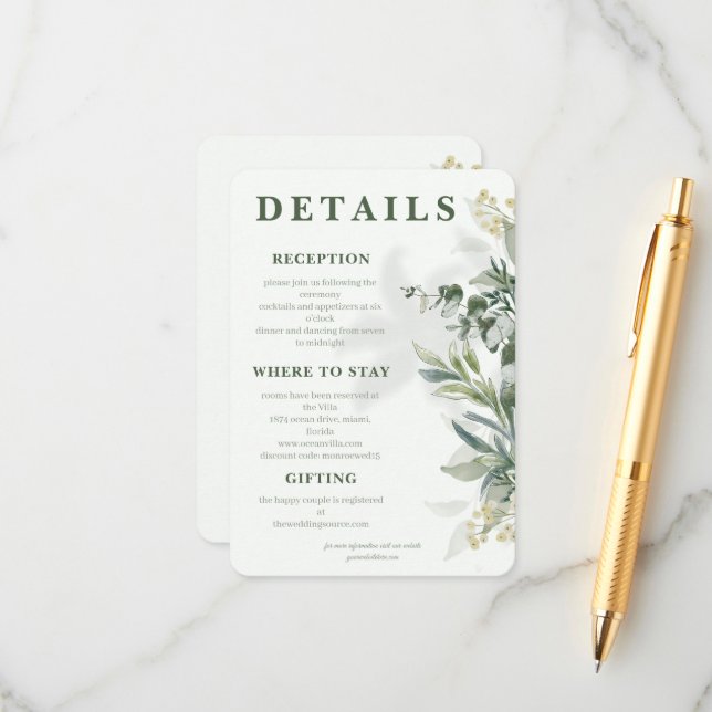Organic Modern Botanical Wedding Enclosure Card (Front/Back In Situ)