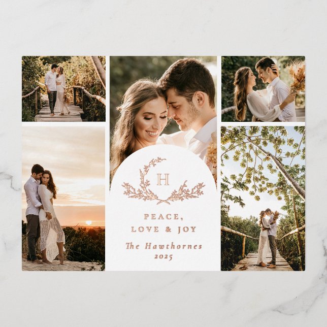 Organic Monogram 5 Photo Foil Holiday Postcard (Front)