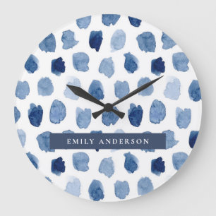 ORGANIC NAVY BLUE INDIGO DOTS TIE DYE PATTERN LARGE CLOCK