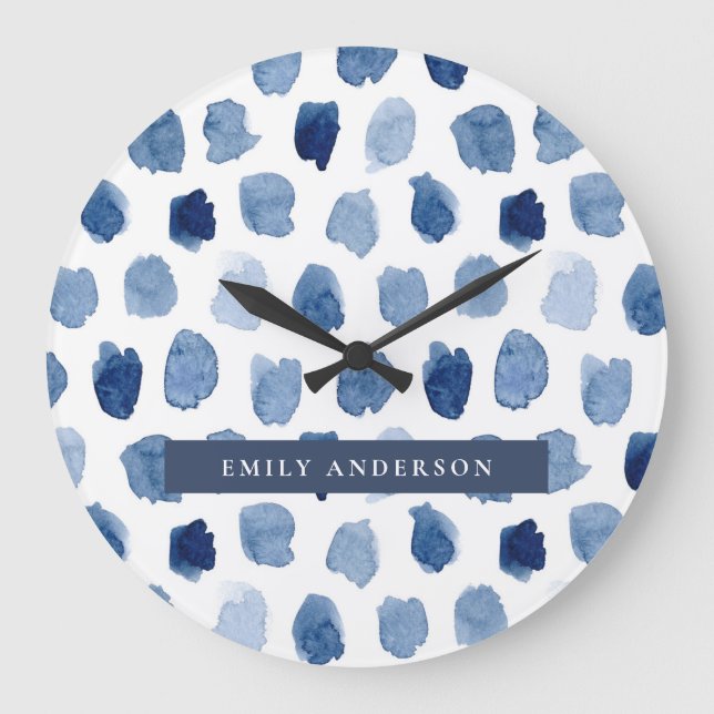 ORGANIC NAVY BLUE INDIGO DOTS TIE DYE PATTERN LARGE CLOCK (Front)
