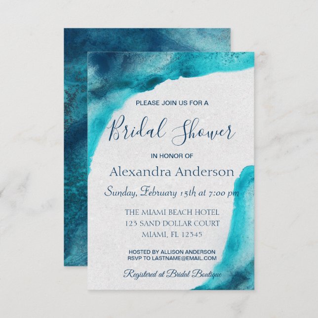 Organic Ocean Blue Watercolor Bridal Shower Invite (Front/Back)