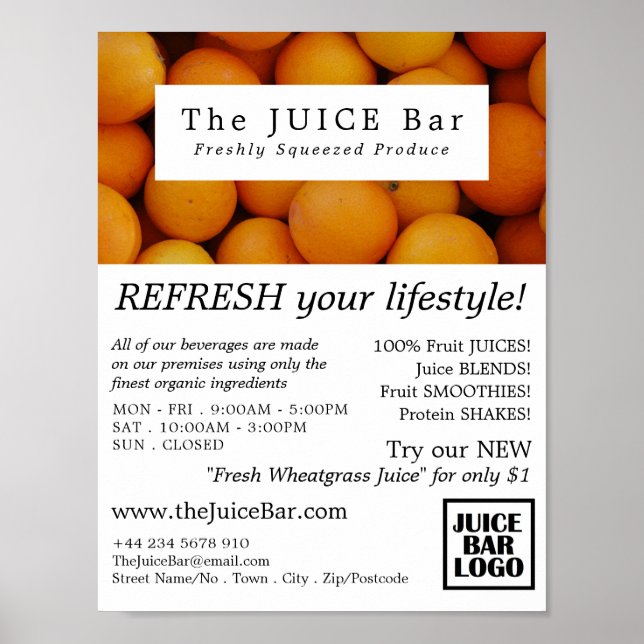 Organic Oranges, Juice Bar Advertising Poster (Front)