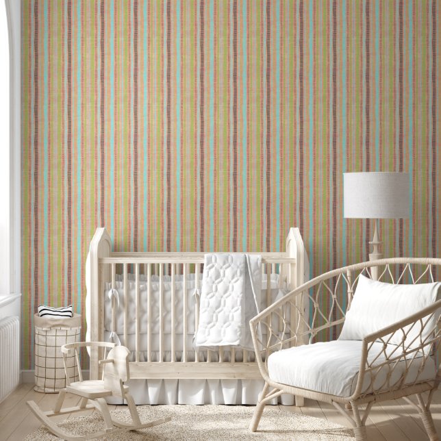 Organic Peach Aqua Vertical Boho Stripes  Wallpaper (Kids)