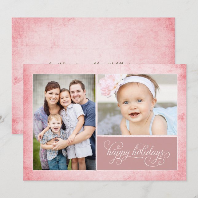 Organic Pink Grunge 2 Photo Holiday Card (Front/Back)