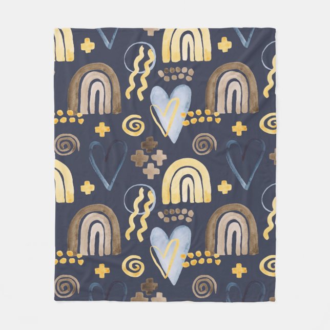 Organic shapes naive pattern with rainbow, heart.  fleece blanket (Front)