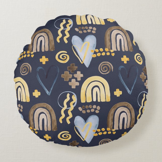 Organic shapes naive pattern with rainbow, heart.  round cushion (Front)