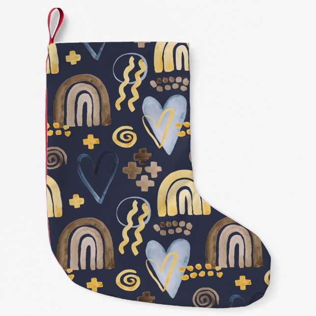 Organic shapes naive pattern with rainbow, heart.  small christmas stocking (Front)