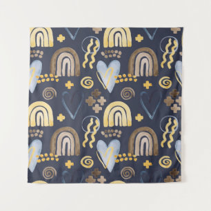 Organic shapes naive pattern with rainbow, heart.  tapestry
