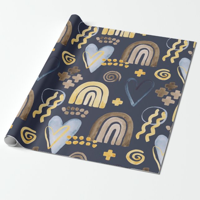 Organic shapes naive pattern with rainbow, heart.  wrapping paper (Unrolled)