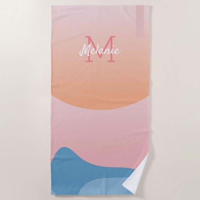 Organic Shapes Sunset Ombre Monogram Beach Beach Towel (Front)