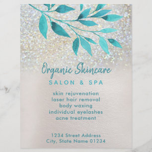 organic skincare faux glitter and teal foliage flyer