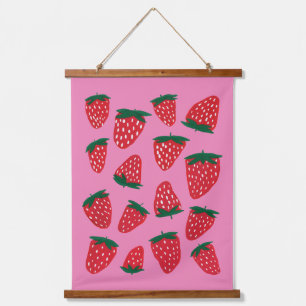 Organic summer strawberries red on pink background hanging tapestry