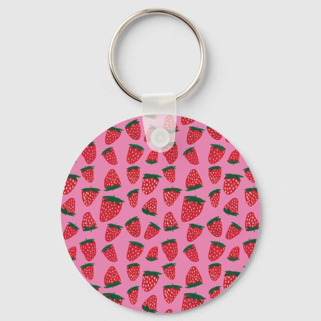 Organic summer strawberries red on pink background key ring (Front)