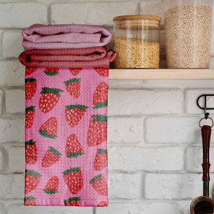 Organic summer strawberries red on pink background tea towel