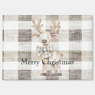 Organic Tan Cream Plaid Stripes Christmas Reindeer Magnet