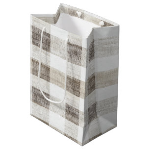Organic Tan Cream Plaid Stripes Rustic Christmas Medium Gift Bag