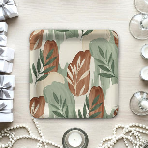 Organic Watercolor Sage Green and Oat Milk Botanic Paper Plate