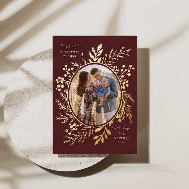 Organic Winter Botanicals Oval Photo Shape Maroon Foil Holiday Card (Creator Uploaded)