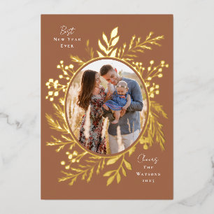 Organic Winter Botanicals Oval Photo Shape Rust Foil Holiday Card
