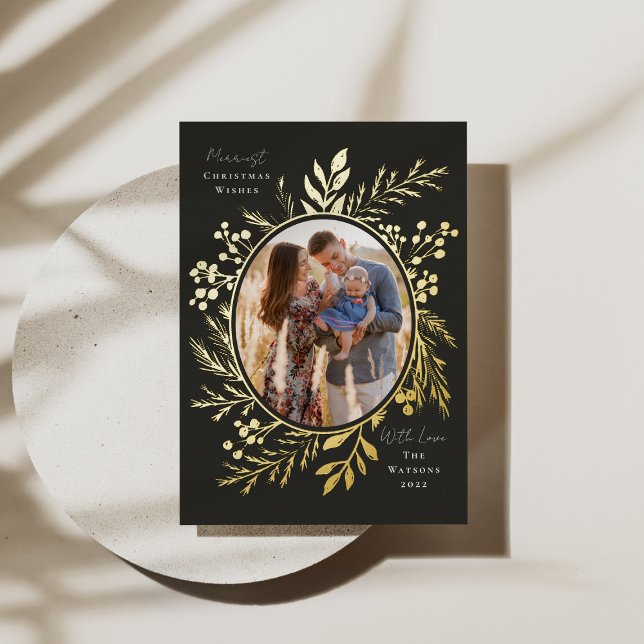 Organic Winter Botanicals Oval Photo Shape Slate Foil Holiday Card (Creator Uploaded)