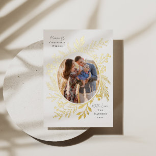 Organic Winter Botanicals Oval Photo Shape White Foil Holiday Card