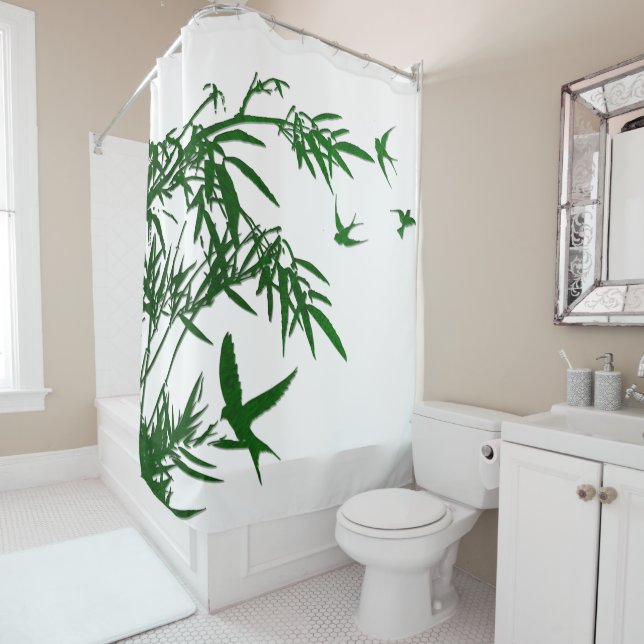 Orient Accent Lush Green Bamboo & Swallow Birds Shower Curtain (In Situ)