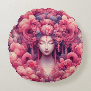 Oriental abstract dreamy Geisha pink clouds Round Cushion