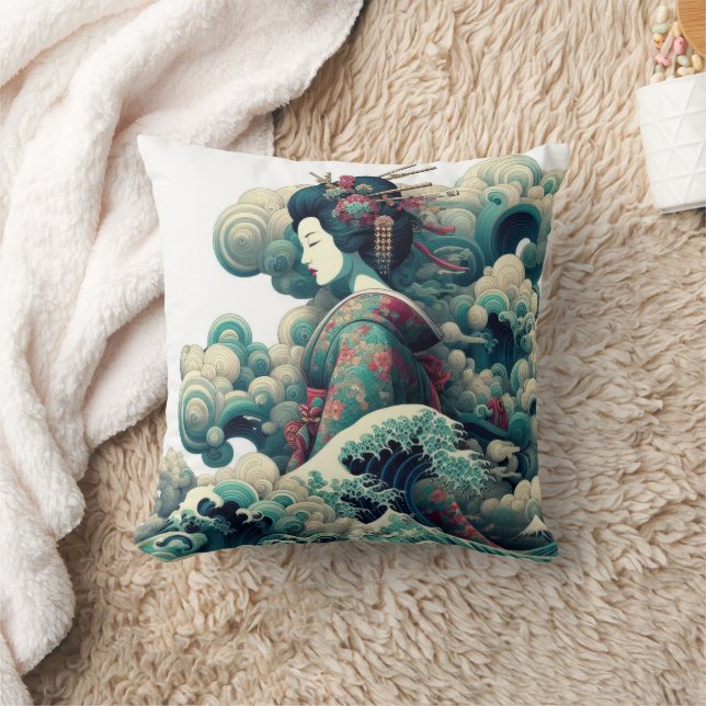 Oriental abstract Geisha Kanagawa waves clouds Cushion (Blanket)