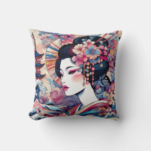 Oriental abstract Geisha pink flowers waves Cushion