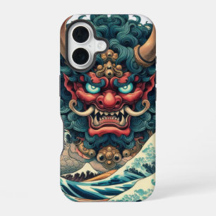 Oriental abstract Oni demon face Kanagawa waves iPhone 16 Case