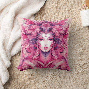 Oriental abstract symetrical Geisha pink flowers Cushion