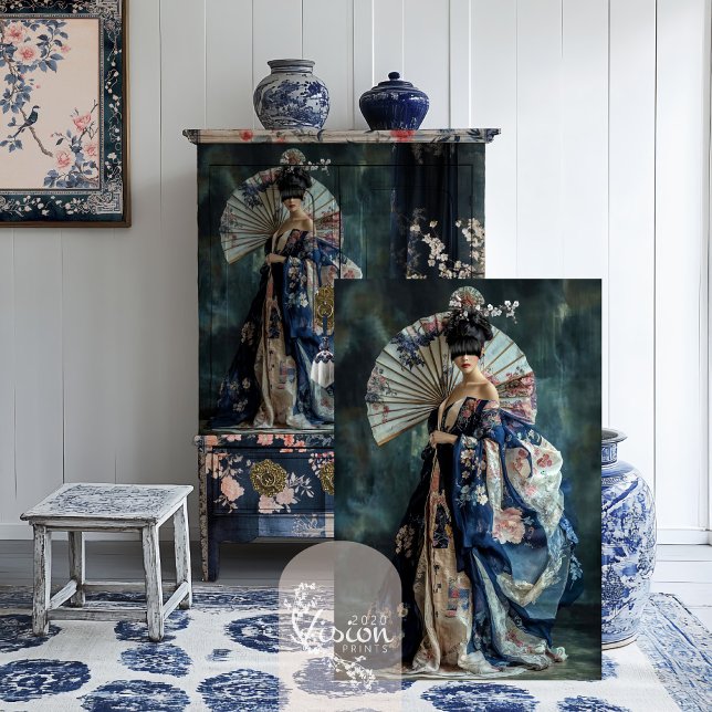 Oriental Aesthetics Elegant Geisha Portrait Tissue Paper (Elegant Geisha Portrait Beauty, cherry blossom & fan couture, furniture decoupage tissue paper)