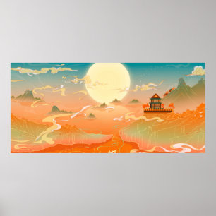 Oriental ancient landscape painting, classical pai poster