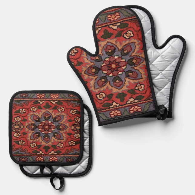 Oriental Antique Persian Turkish Floral Carpet Oven Mitt & Pot Holder Set (Front/Back)