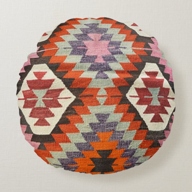 Oriental Antique Persian Turkish Kilim Carpet Round Cushion (Front)