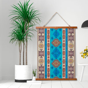 Oriental Aqua Blue Gold Turkish Kilim Wall Hanging Tapestry