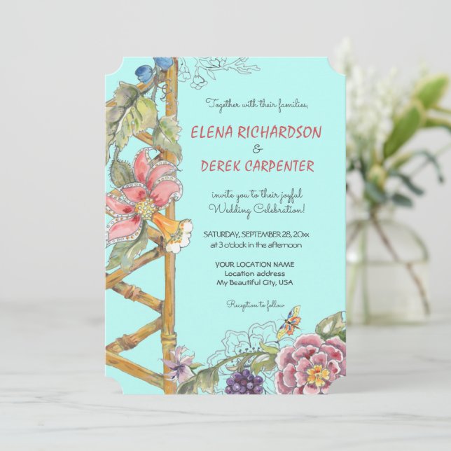 Oriental Aqua Floral Classic Chinoiserie Wedding Invitation (Standing Front)