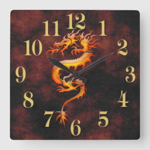 Oriental Asian Gold Dragon Designer Timepiece Square Wall Clock