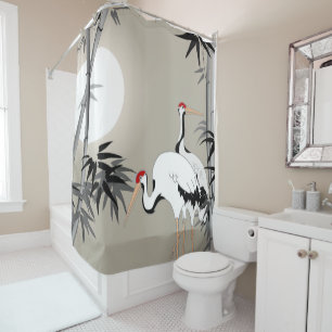 Oriental Bamboo and Cranes at Sunset Shower Curtain