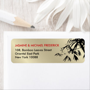 Oriental Bamboo Leaves Black Gold Return Address Label