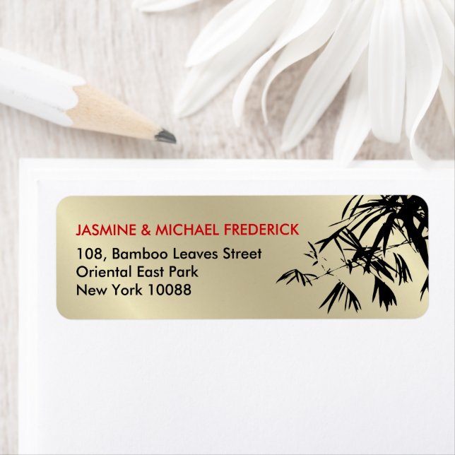 Oriental Bamboo Leaves Black Gold Return Address Label (Insitu)