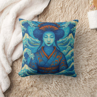 Oriental beauty Geisha Kanagawa blue waves Cushion