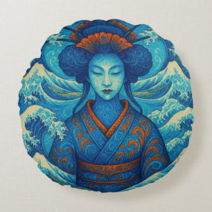 Oriental beauty Geisha Kanagawa blue waves Round Cushion