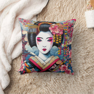 Oriental beauty Geisha Maiko sakura flowers waves Cushion