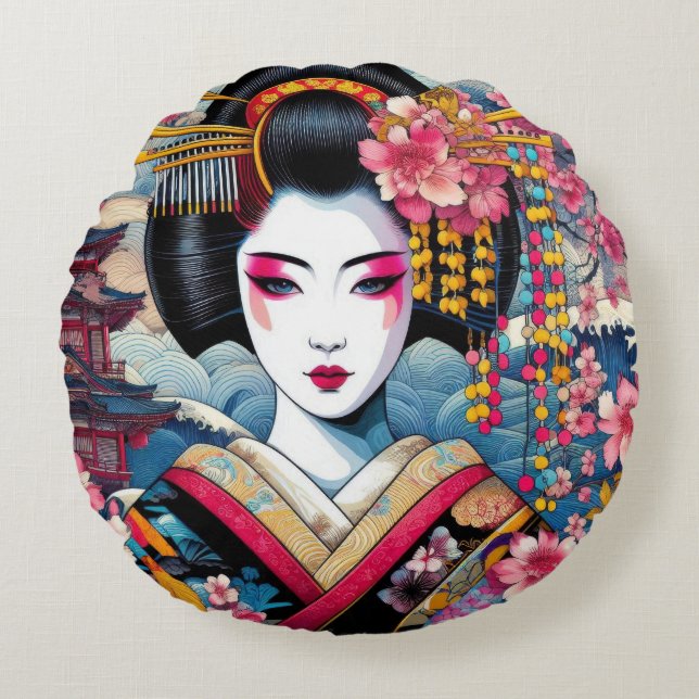 Oriental beauty Geisha Maiko sakura flowers waves Round Cushion (Front)