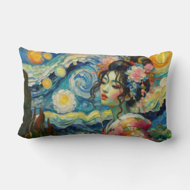 Oriental beauty Maiko Geisha Van Gogh mashup Lumbar Cushion (Back)