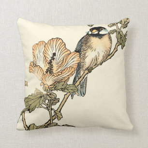 Oriental Bird Perched on Branch Cushion